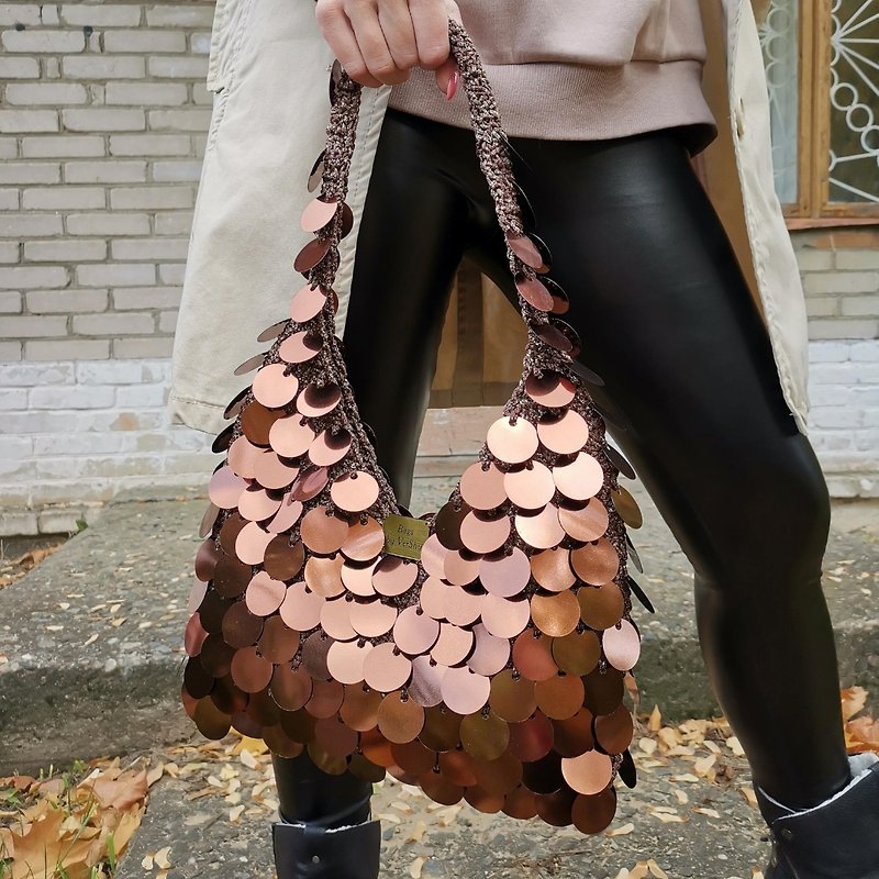Brown Baguette bag crochet, vintage sequin bag, tote bag,  ita bag - Handbags & Totes - Other Materials 