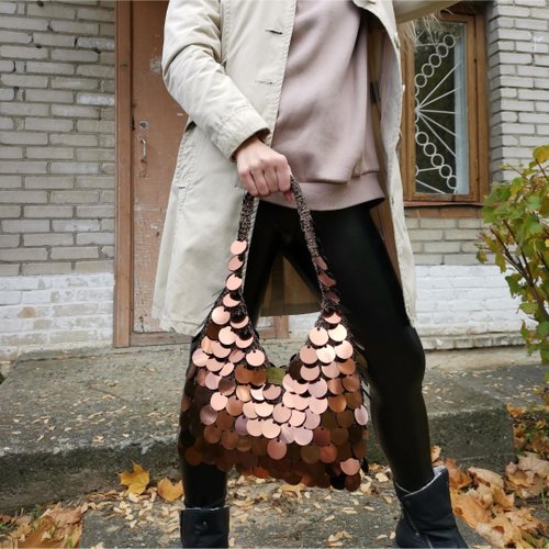 Brown Baguette bag crochet vintage sequin bag tote bag ita bag