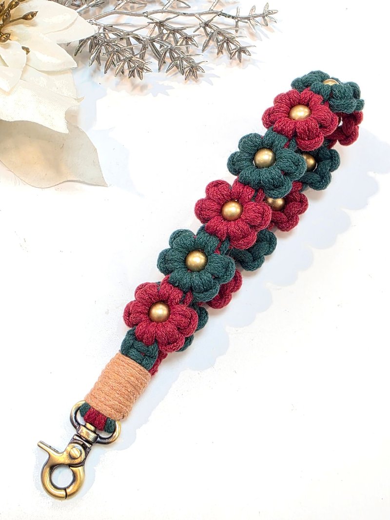 F.S.H Christmas Collection Design. Golden Christmas Flower. Woven Wristlet Phone Lanyard - เชือก/สายคล้อง - ผ้าฝ้าย/ผ้าลินิน สีแดง