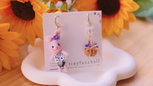 小團圓鈎針手作TinyfuzzballAccessories 鈎針編織 和紙線編小花籃 採花小兔耳環