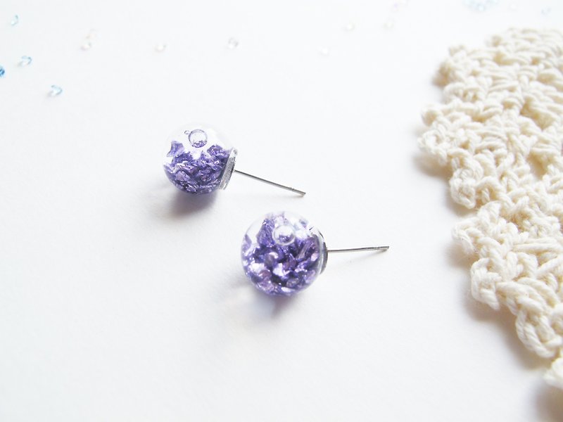 Light purple rocks chips wayer inside glass ball earrings - Earrings & Clip-ons - Glass Purple
