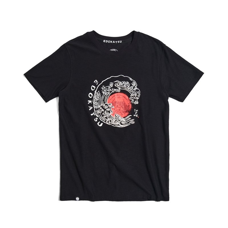 Edo Katsuki style round wave totem short-sleeved T-shirt - Men's (black) #Top - เสื้อยืดผู้ชาย - ผ้าฝ้าย/ผ้าลินิน สีดำ