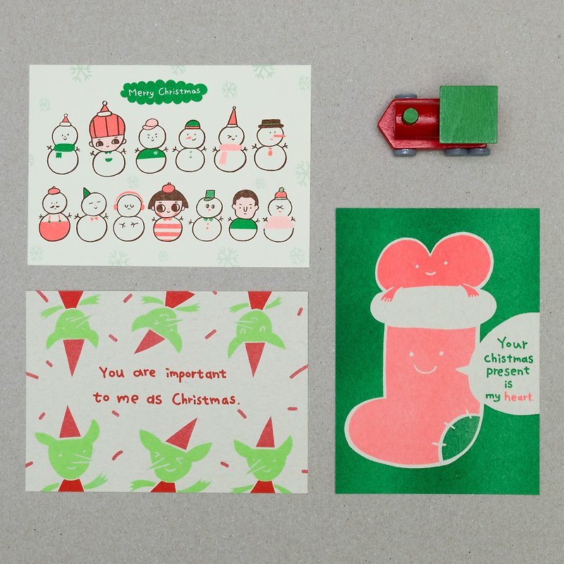 孔版印刷聖誕節明信片組 任選3張 - 心意卡/卡片 - 紙 多色