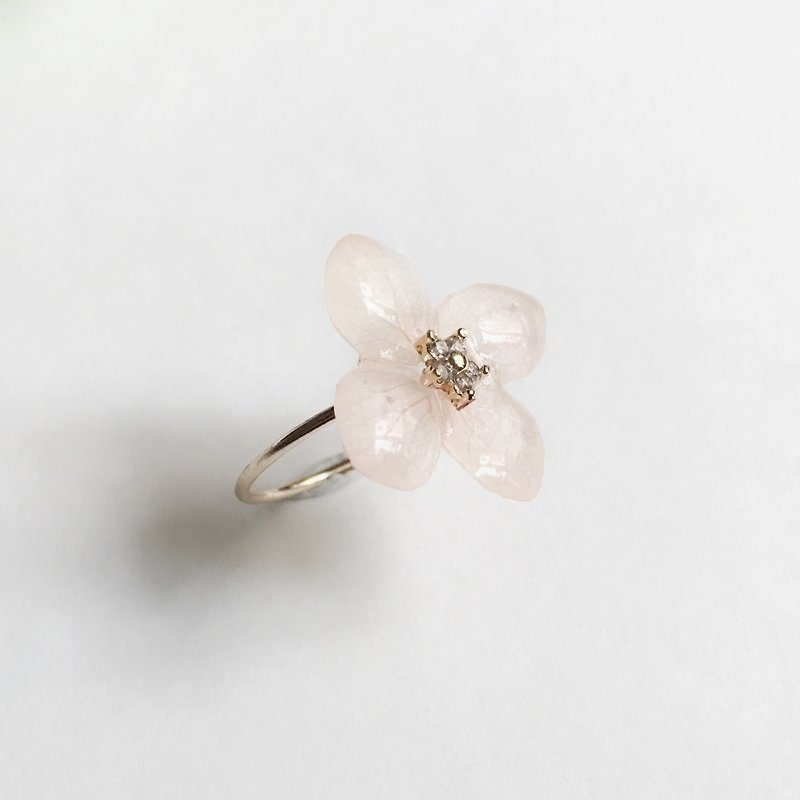 真花淺粉紅色繡球花 立體真花珠寶戒指 鍍銀 - 戒指 - 植物．花 粉紅色