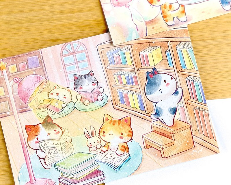 Secret Cat-World Reading Day watercolor style illustration postcard - การ์ด/โปสการ์ด - กระดาษ หลากหลายสี