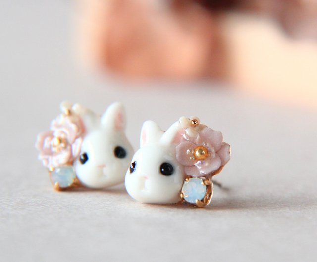 うさぎとピンクポピーピアス/イヤリング - ショップ Rie ピアス