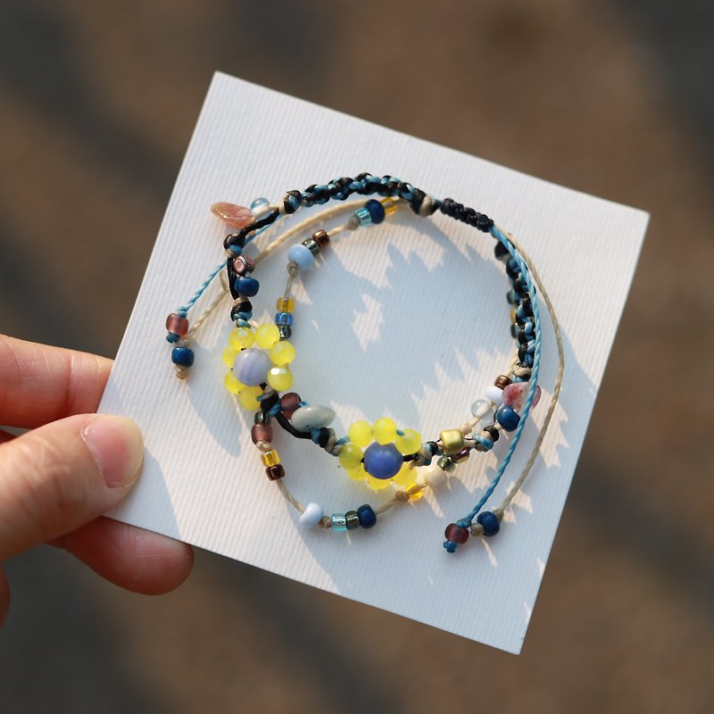 Yellow flower waxed cord woven double layered bracelet with stone and beads - สร้อยข้อมือ - งานปัก หลากหลายสี