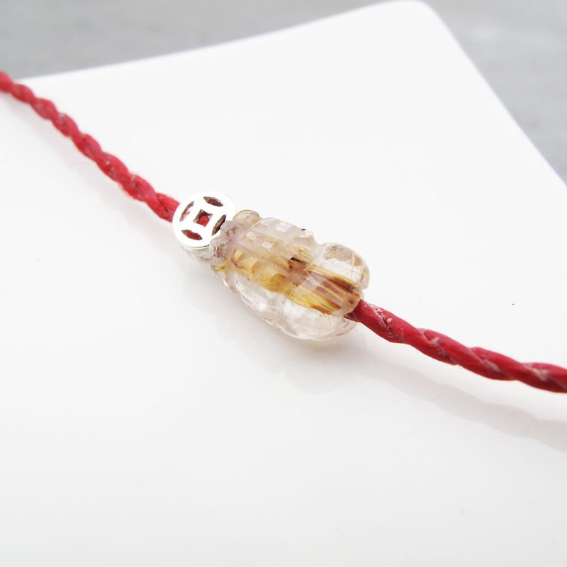 【クリスタル蝋ロープシリーズ】チタンクリスタル貔貅 | 幸運の天然水晶スターリングシルバー赤い糸 | シニアガール - ブレスレット - クリスタル ゴールド