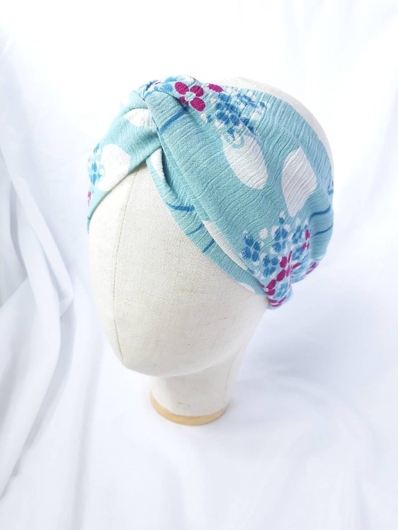湖藍繡球花紋頭巾領巾式寬髮帶 - 髮帶/頭箍 - 棉．麻 藍色