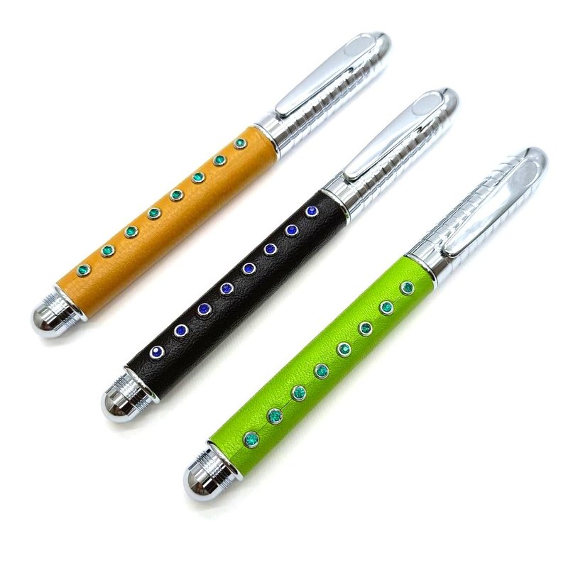 Leather pen platinum Swarovski crystal rivet rotating threaded cap ballpoint pen Schmidt - ไส้ปากกาโรลเลอร์บอล - หนังแท้ 