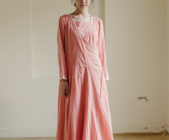 インド綿ワンピース ピンク 刺繍あり - ワンピース