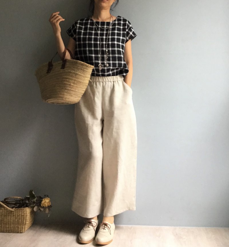 黑糖格子/黑色法蘭格子亞麻/短版小白鴿法式袖短版上衣/100%亞麻 - 女襯衫 - 棉．麻 黑色