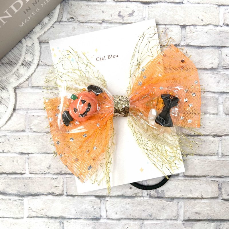 Clear tulle ribbon pumpkin orange gold hair tie - เครื่องประดับผม - วัสดุอื่นๆ สีส้ม