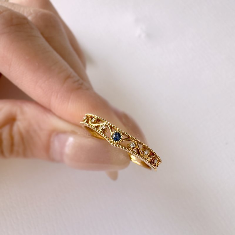 復古簍空雕花藍寶戒指 - 戒指 - 貴金屬 金色