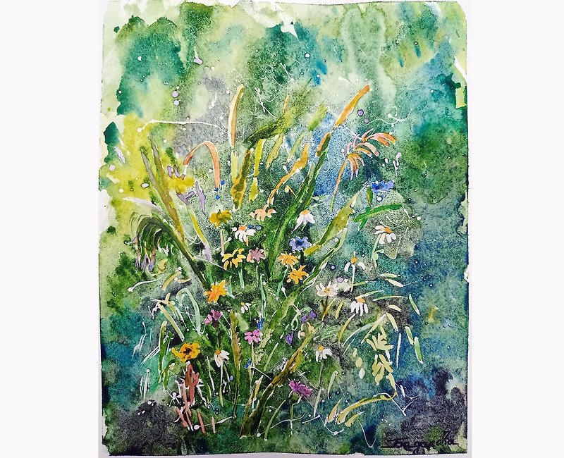 Meadow Flowers Watercolor Original Painting Daisies Watercolor Art - 掛牆畫/海報 - 紙 綠色