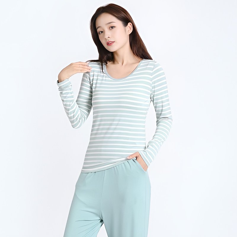 Pink Lady 罩杯式 莫代爾棉無鋼圈 條紋圓領外穿長袖長褲居家睡衣 - 睡衣/家居服 - 其他人造纖維 綠色