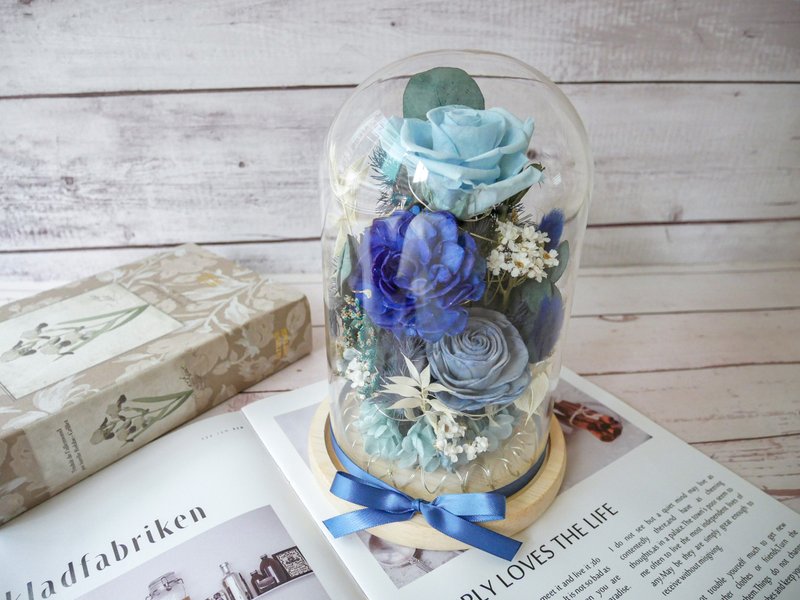 不凋花玻璃罩夜燈【爵士藍調】永生花/新婚/七夕/情人節禮物/客製 - 燈具/燈飾 - 植物．花 藍色