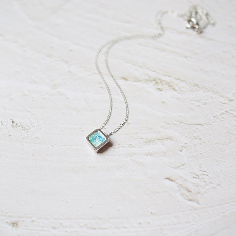 Simple geometric lucky color enamel clavicle chain-square blue double-sided wear can be engraved - Necklaces - Sterling Silver Multicolor
