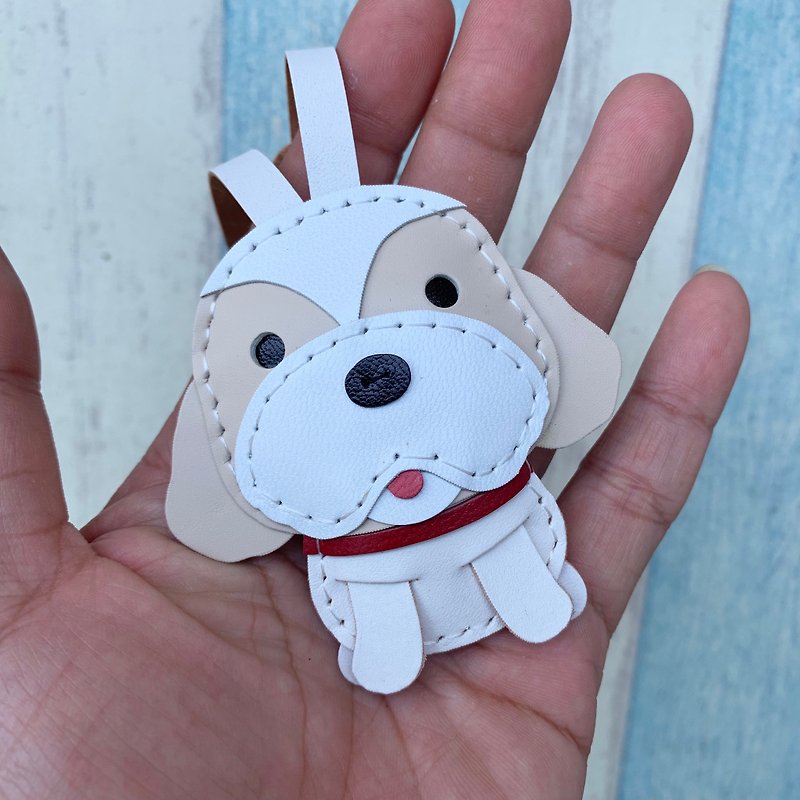 Handmade leather rice / white cute Shih Tzu dog hand-stitched leather bag hanging small size - ที่ห้อยกุญแจ - หนังแท้ ขาว