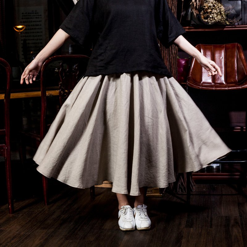 純亞麻原色計劃100%LINEN SKIRT長圓裙_BS002 - 裙子/長裙 - 棉．麻 卡其色