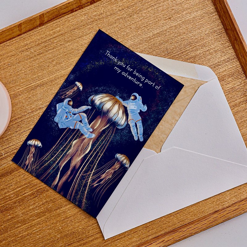 【 感謝卡 】 水母太空冒險 賀卡 文青手繪 高質感 燙銀 萬用卡 - 卡片/明信片 - 紙 多色