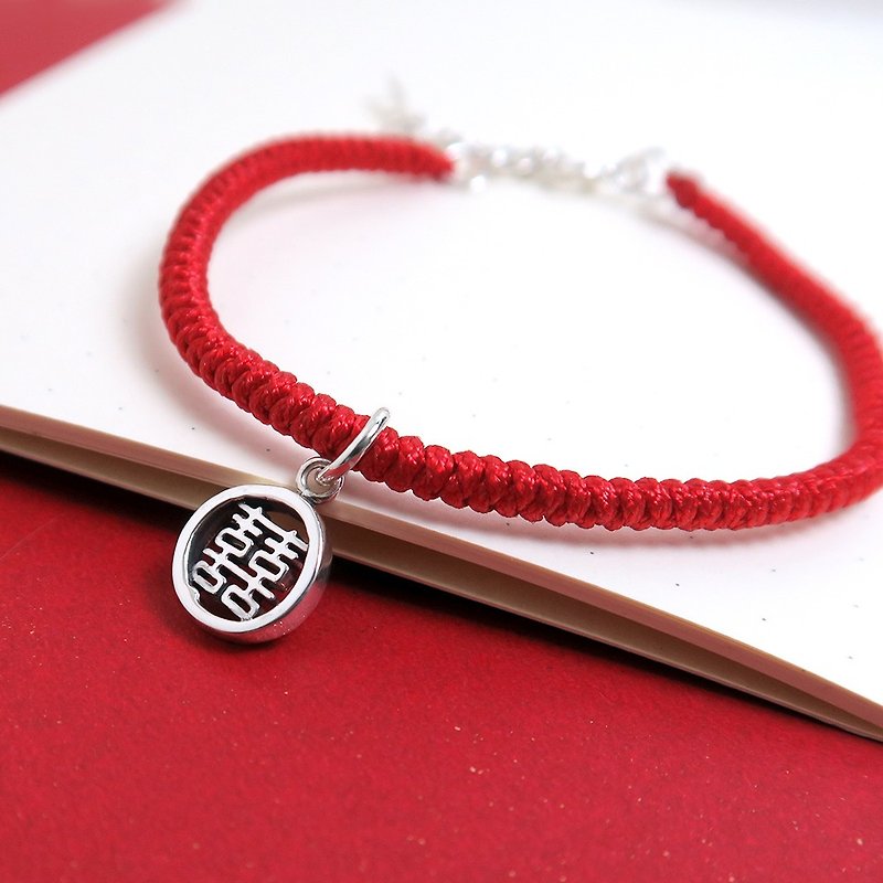 Successful Double Happiness 囍 word 925 sterling silver woven rope bracelet - Bracelets - Sterling Silver Red