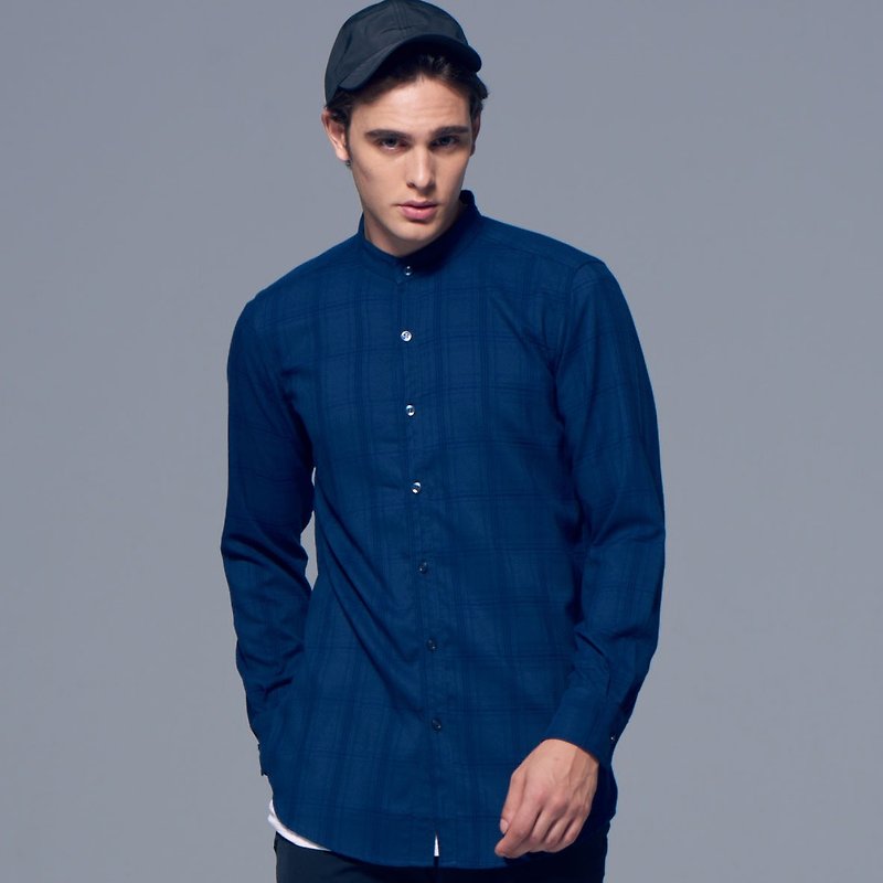 ブルー/チェックチェック柄のシャツの襟でStone'Asチェック柄シャツ - シャツ メンズ - コットン・麻 ブルー