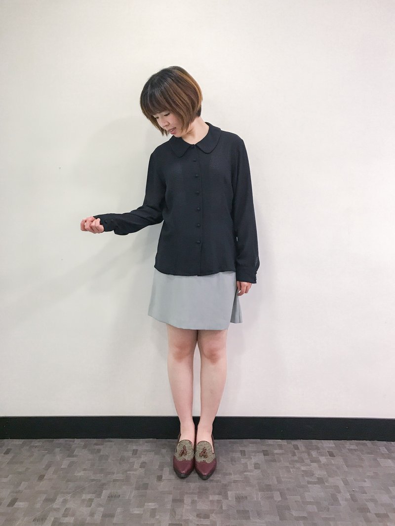 …｛橡子女孩::古著上衣｝黑色透明格子長袖襯衫 - 女襯衫 - 聚酯纖維 黑色
