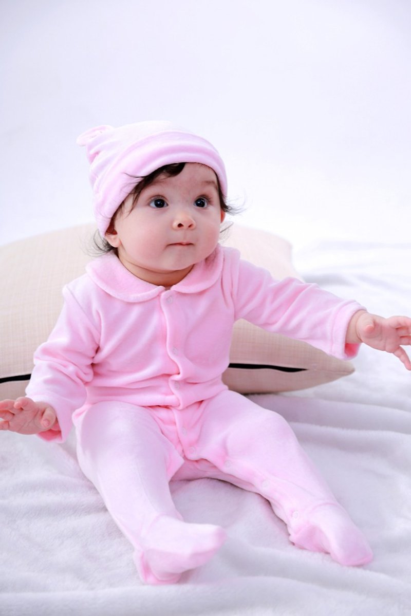 【Deux Filles 有機棉】棉絨包腳連身裝-粉紅純色 - 嬰兒連身衣/包被/包巾 - 棉．麻 粉紅色