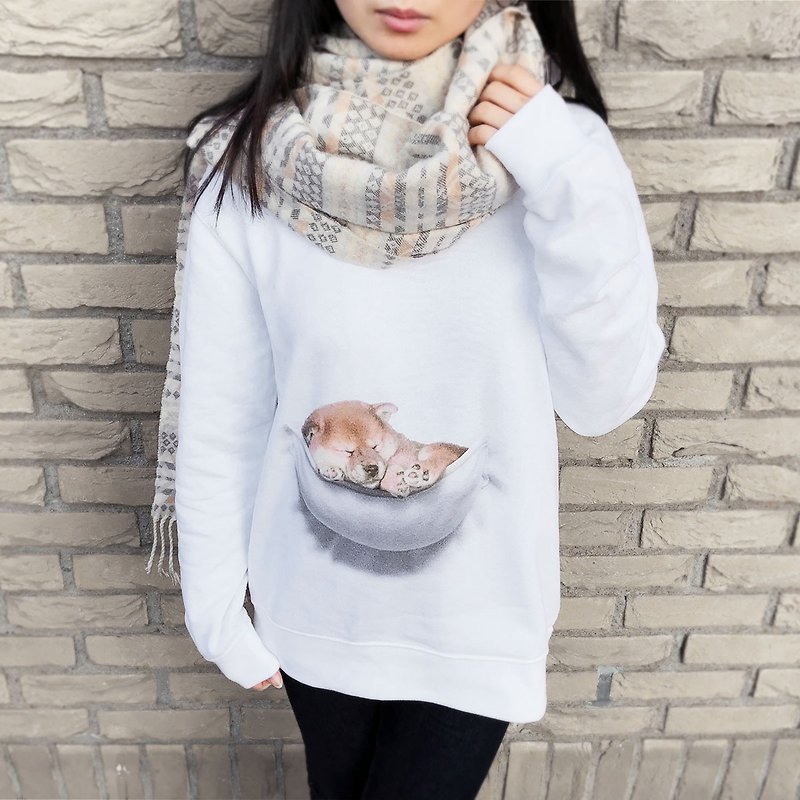 Mousou Mapping Sweatshirt/ Puppy in the pocket - 帽T/大學T - 棉．麻 白色