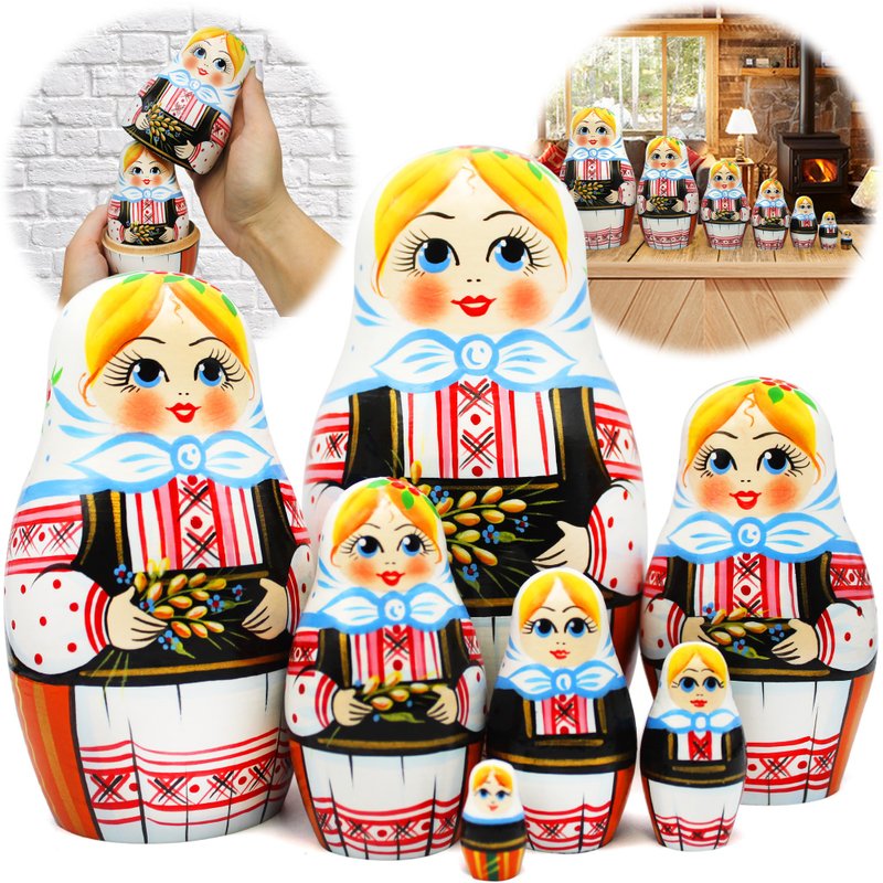 Wooden Stacking Matryoshka Dolls in Folk Slavic Outfit with Spikelets - 寶寶/兒童玩具/玩偶 - 木頭 多色