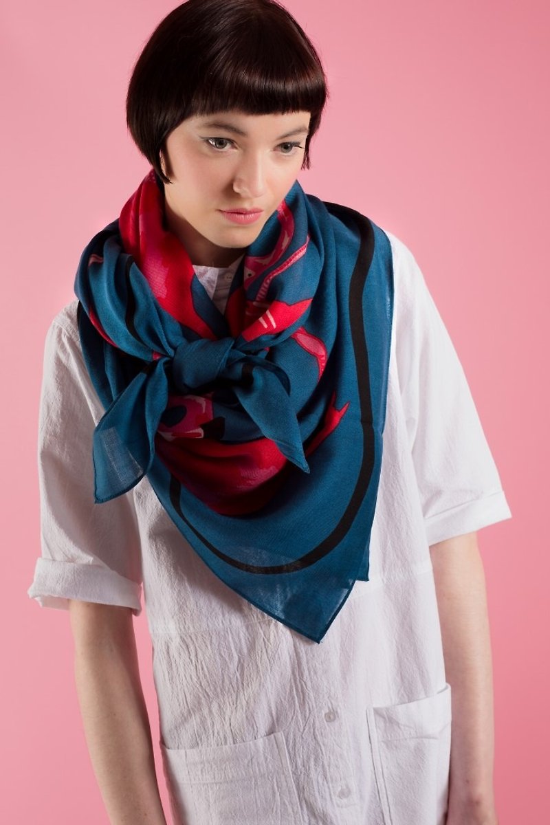 Flamingo oversized wool scarf - ผ้าพันคอถัก - ขนแกะ สีน้ำเงิน
