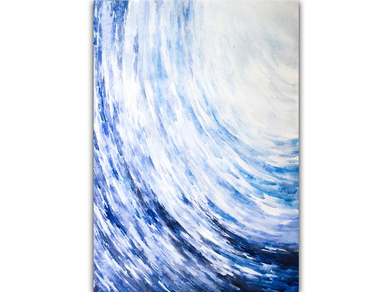 Sea Wave Painting Ocean Original Art Abstract Watercolor Hand-Painted - โปสเตอร์ - กระดาษ สีน้ำเงิน