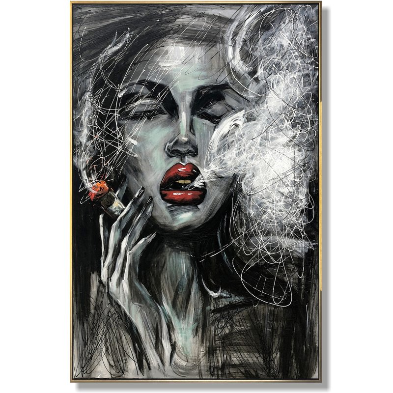 Large Original Abstract Oil Painting Smoking Woman Wall Art On Canvas Sexy Woman - ตกแต่งผนัง - อะคริลิค สีดำ
