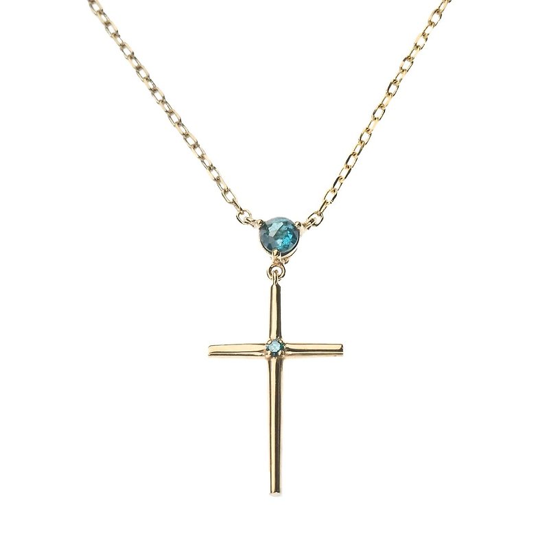 14K Teal Raw Diamond Cross Necklace - สร้อยคอ - เครื่องประดับ สีทอง