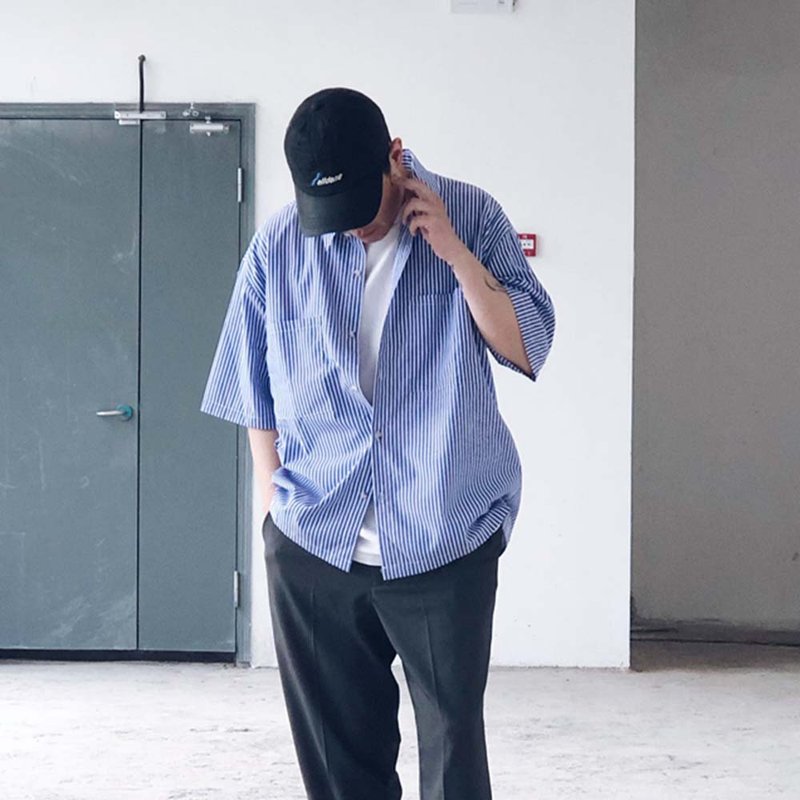 日系CITYBOY藍白條紋寬松短袖襯衫 I 7AB - 男襯衫/休閒襯衫 - 棉．麻 