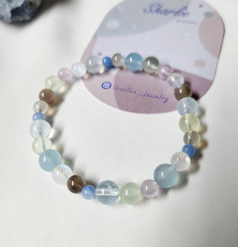 海藍寶  葡萄石 紫鋰輝 拉長石 黑骨幹 月光石 藍兔毛團 水晶手鍊 - 手鍊/手環 - 寶石 多色