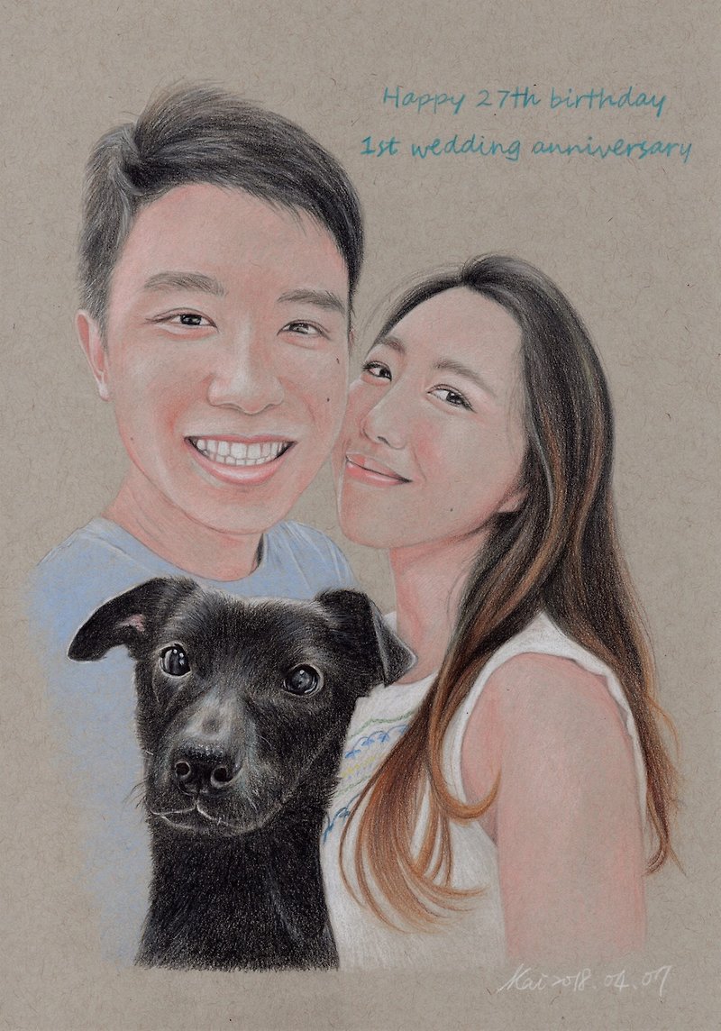 Customized portrait painting pet painting color pencil works three units with transparent frame - ภาพวาดบุคคล - กระดาษ 