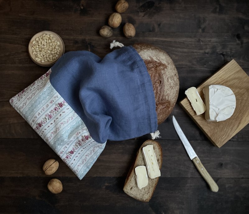 Linen Reusable Drawstring Sourdough Bread Bag, Cottage Style, Gift for Mom - 調味罐/醬料罐 - 亞麻 藍色