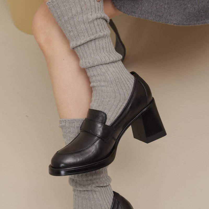 法式女孩-粗高跟牛皮穆勒鞋-黑色 - 高跟鞋/跟鞋 - 真皮 黑色