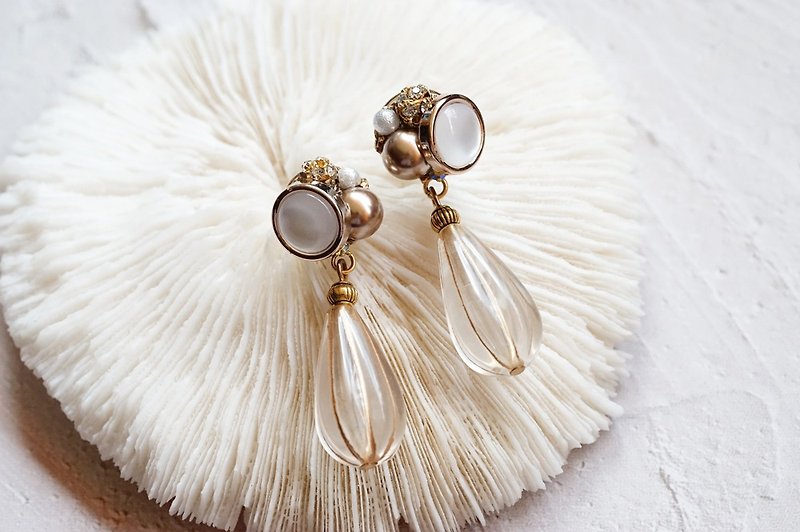 貴妃 - 水晶珍珠垂吊耳環 (醫療級抗敏鋼針 / 耳夾) - 耳環/耳夾 - 不鏽鋼 金色