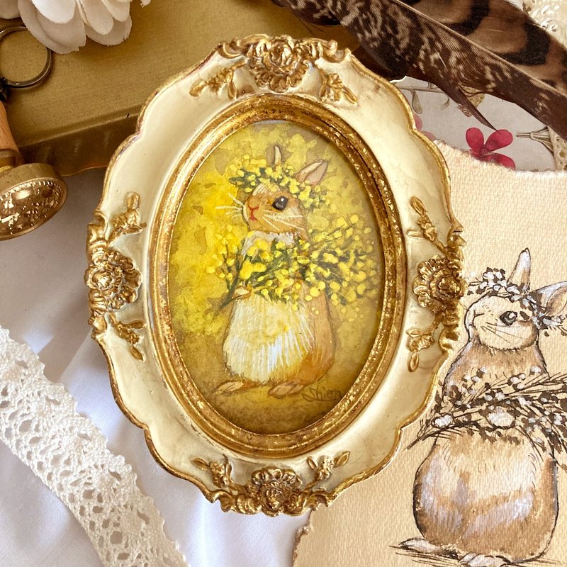 ミモザとうさぎさん-B　　　　　　　/花　兔子   含羞草　繪畫　仿古風格　古董　室内装饰 - 海報/掛畫/掛布 - 紙 黃色