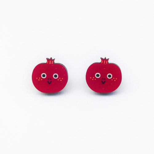 Minifanfan Pomegranate Girl 石榴少女木製耳環 原創插畫耳環 耳針無耳洞耳