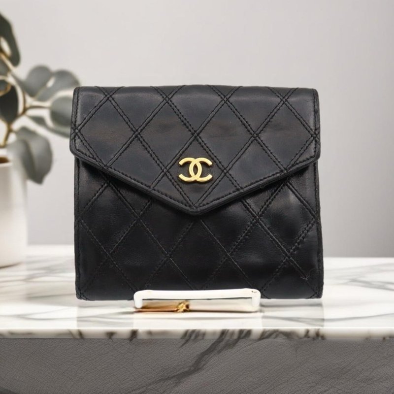 [LA LUNE] Second-hand Chanel double-sided lambskin black short clip small Silver coin handbag - Wallets - Genuine Leather Black