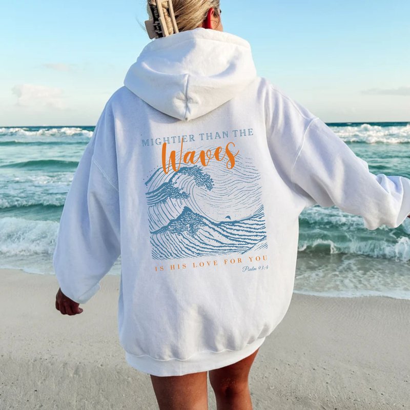 Mightier Than The Waves Bible Verses Gospel Hooded Sweatshirt Long Sleeve Hat - เสื้อฮู้ด - ผ้าฝ้าย/ผ้าลินิน ขาว