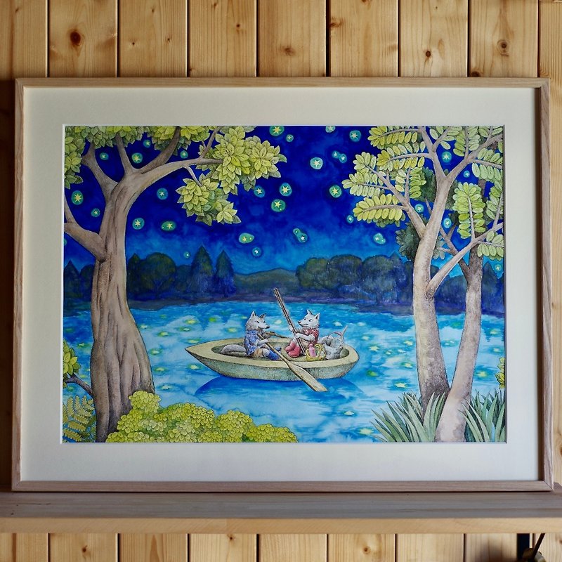 Boat in the starlight　original painting - Posters - Cotton & Hemp Blue