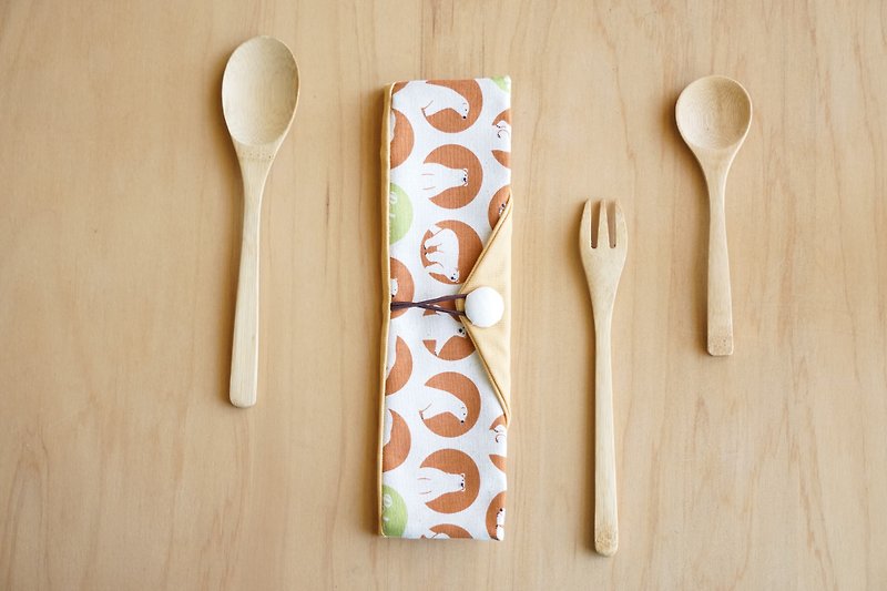 Lets 環保吧~ 餐具袋 – 北極熊去野餐 - 筷子/筷子架 - 棉．麻 黃色