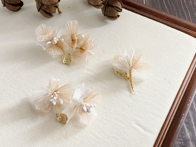 手工新娘飾品 復古紗花 溫柔嫣粉 三件組髮飾 - 髮夾/髮圈 - 絲．絹 