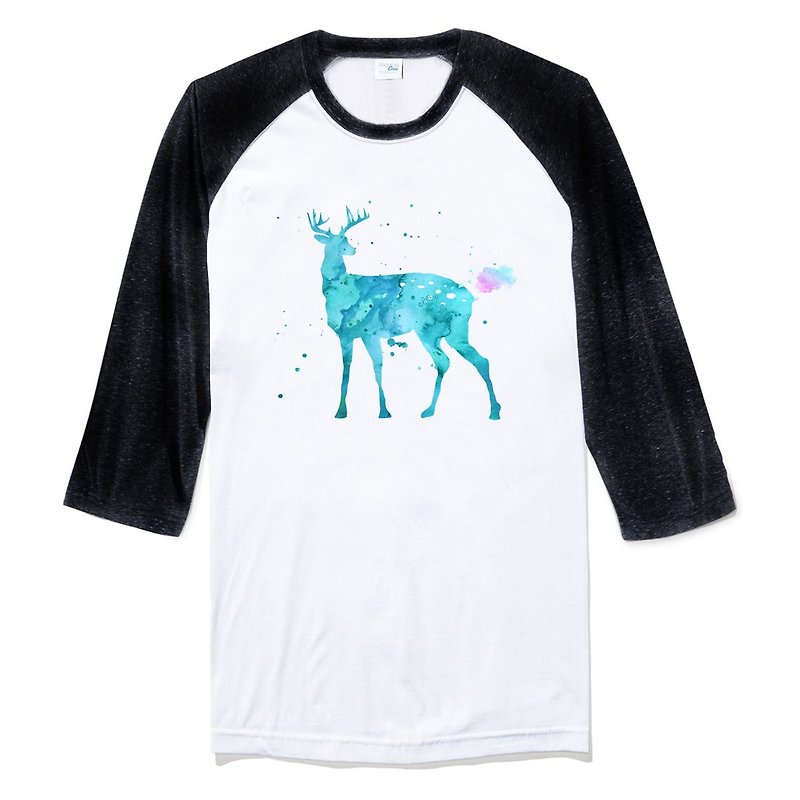 Splash Deer 3/4 sleeve T-shirt white black elk color watercolor illustration deer universe design self-made brand Milky Way fashionable round triangle - Men's T-Shirts & Tops - Cotton & Hemp White
