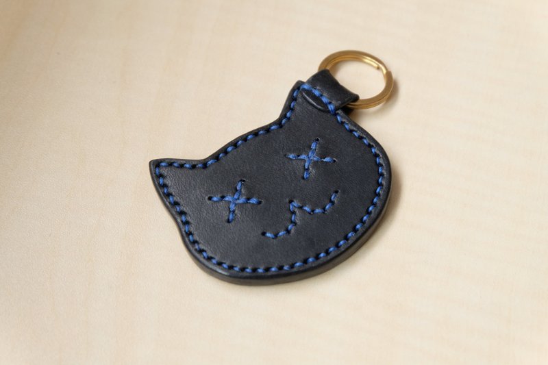 Black leather cat key ring Italian vegetable tanned leather - Keychains - Genuine Leather Black